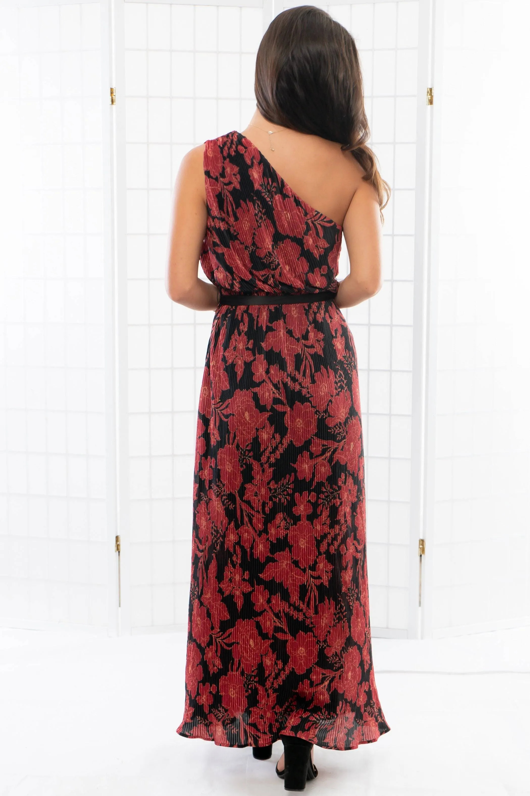Love Affair One Shoulder Floral Red Midi Dress