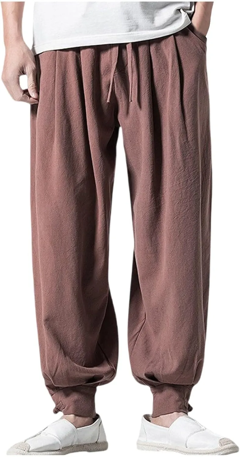 Mens Casual Pants Linen Pants Drawstring Beach Trousers Relaxed-Fit Yoga Pants Soft Elastic Waist Pants