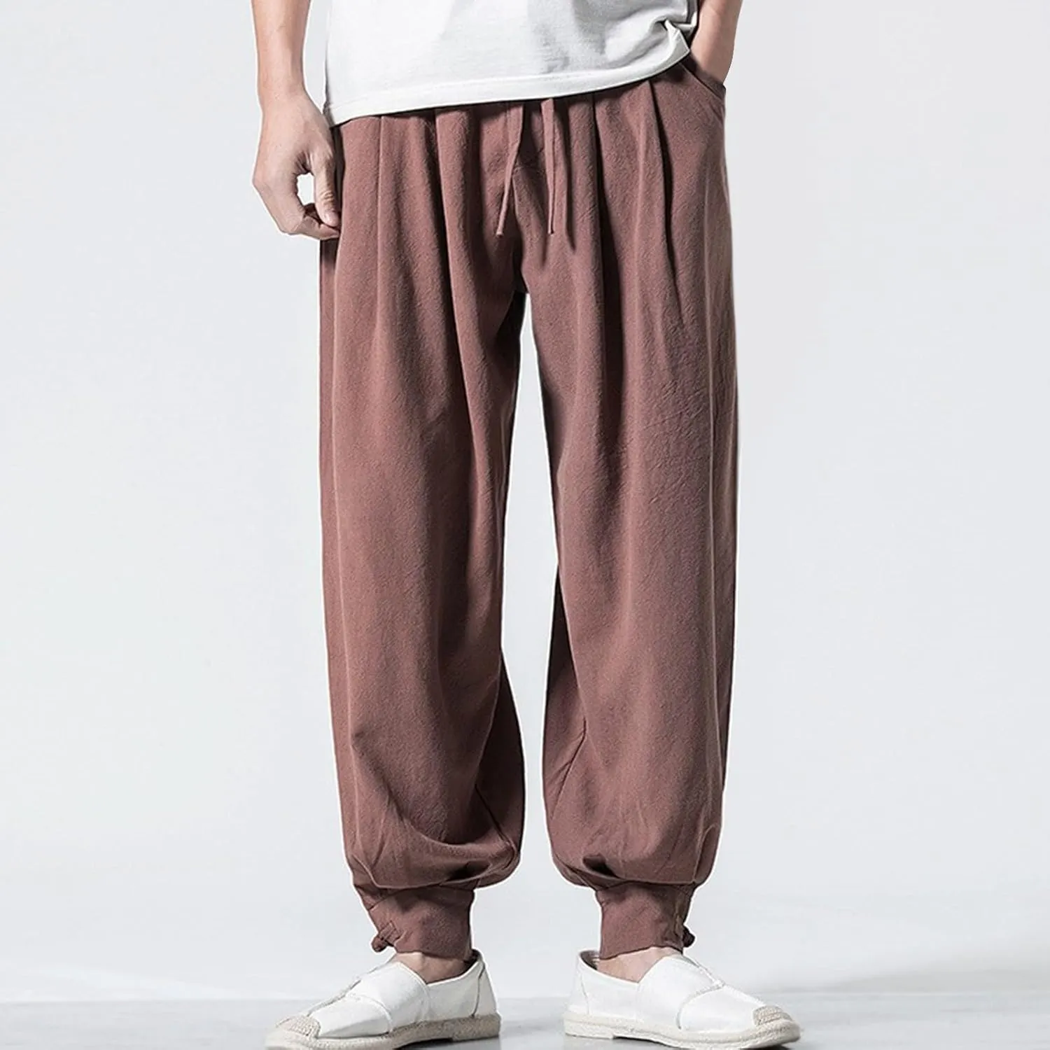 Mens Casual Pants Linen Pants Drawstring Beach Trousers Relaxed-Fit Yoga Pants Soft Elastic Waist Pants
