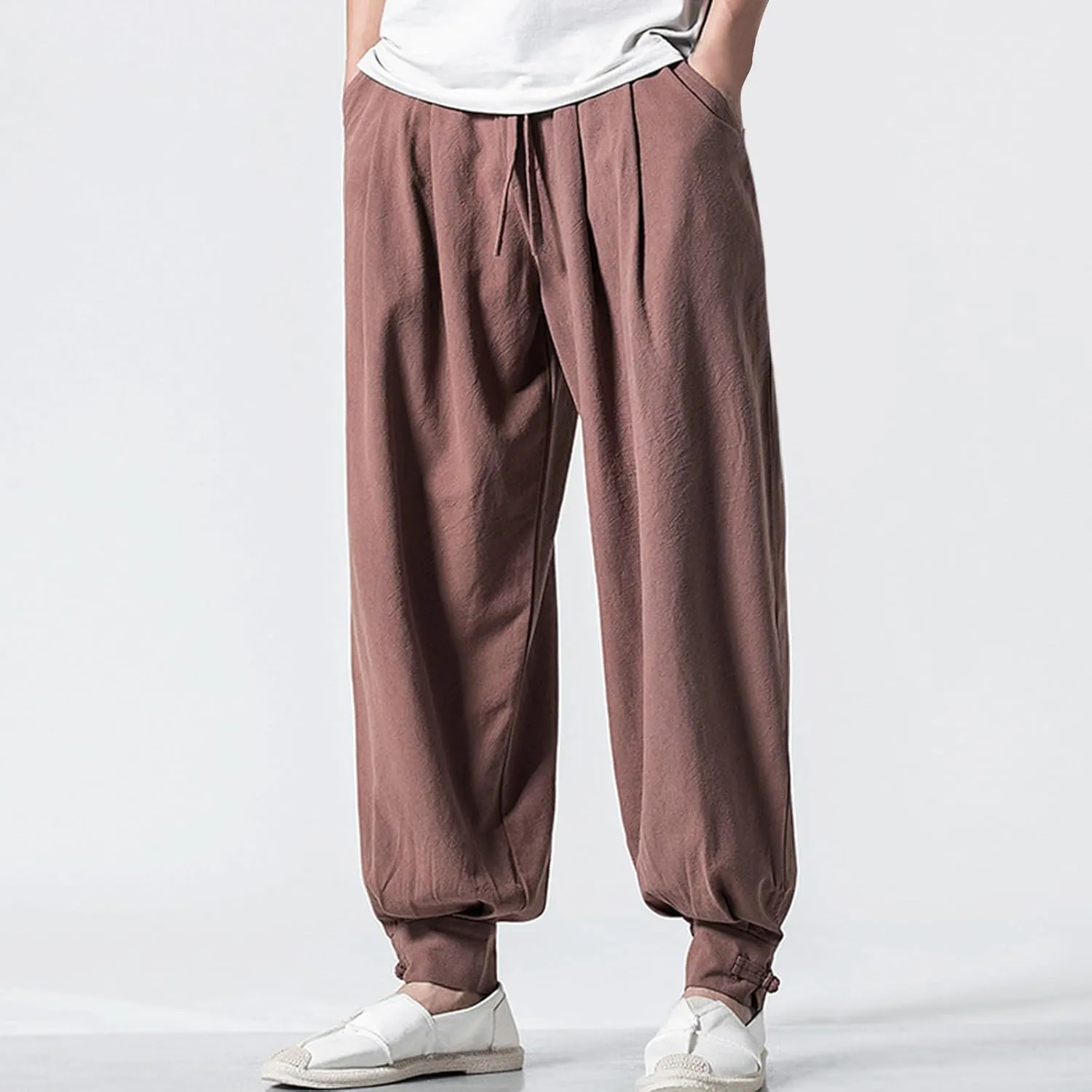 Mens Casual Pants Linen Pants Drawstring Beach Trousers Relaxed-Fit Yoga Pants Soft Elastic Waist Pants