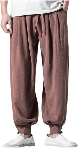Mens Casual Pants Linen Pants Drawstring Beach Trousers Relaxed-Fit Yoga Pants Soft Elastic Waist Pants
