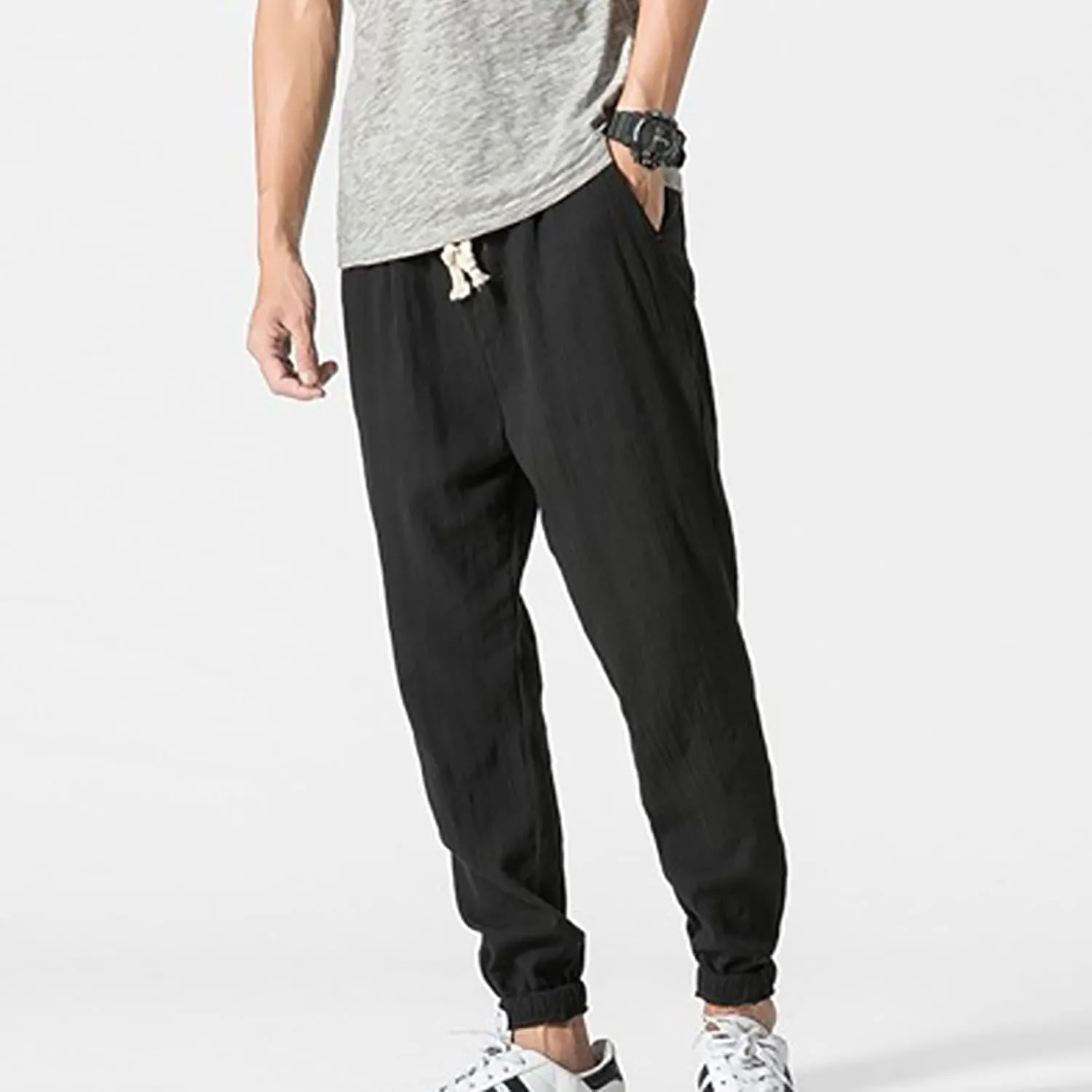 Mens Linen Pants Casual Pants Relaxed-Fit Beach Pants Summer Yoga Pants Soft Elastic Waist Pants