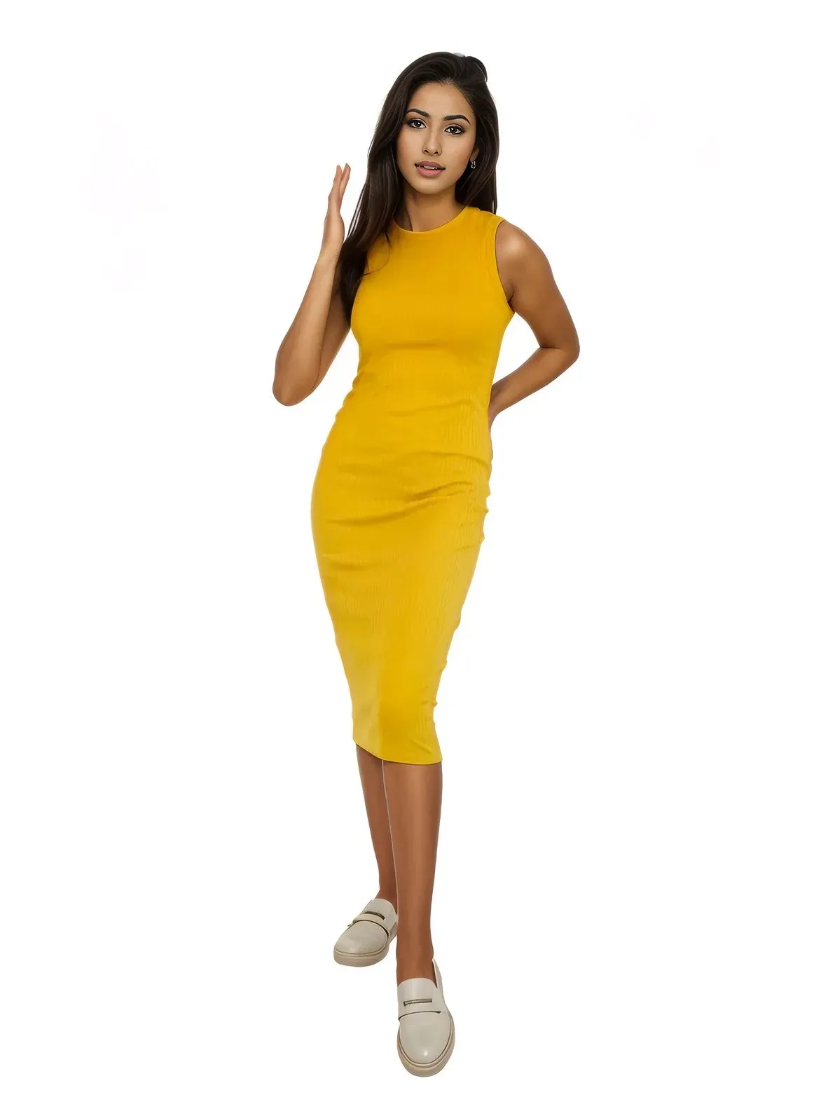Ribbed Cotton Sleeveless Maxi Dress – Lightweight, Stretchy & Flattering Fit Mustard