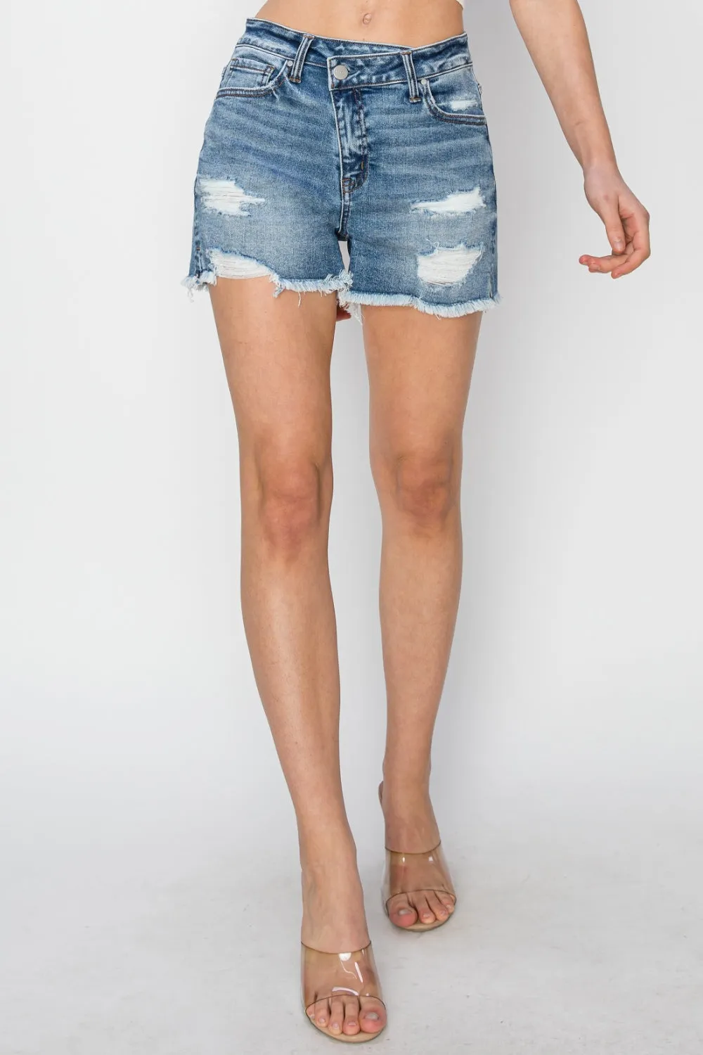 RISEN Stepped Mid Waist Frayed Denim Shorts