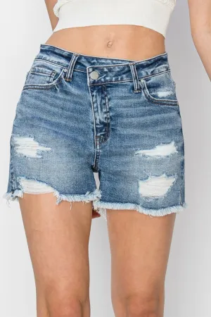RISEN Stepped Mid Waist Frayed Denim Shorts