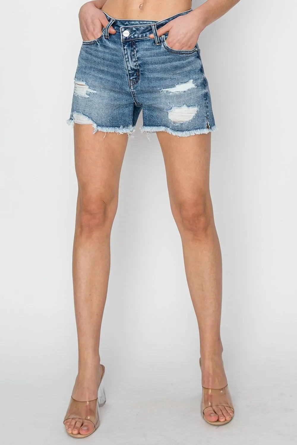 RISEN Stepped Mid Waist Frayed Denim Shorts