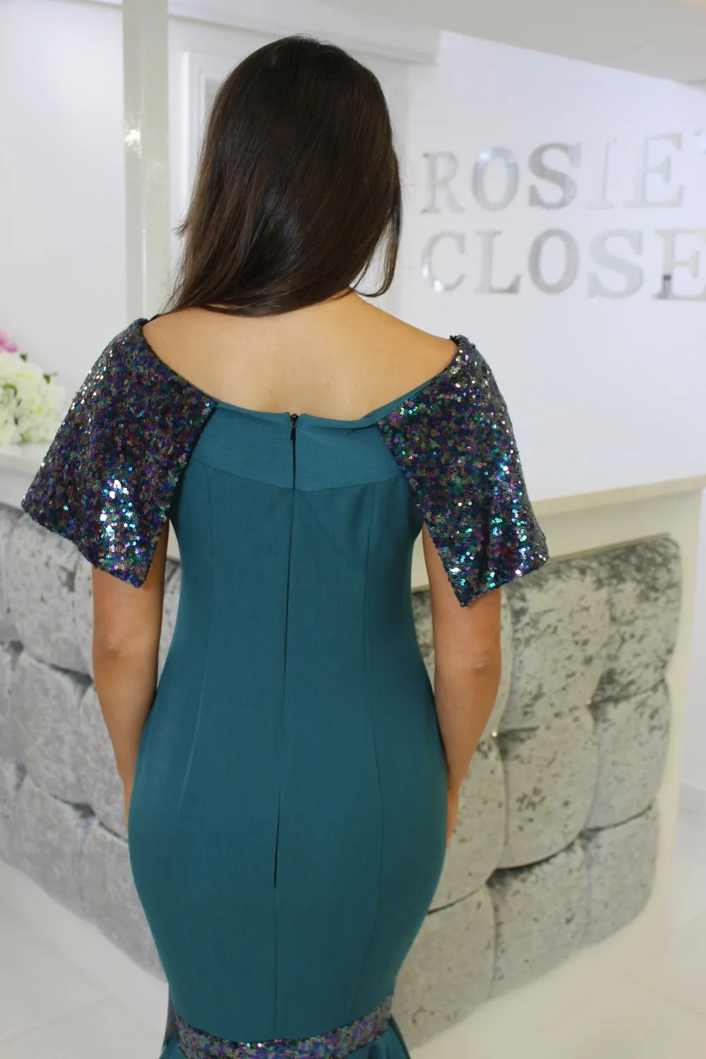 Teal Sequin Fishtail Midi Dress