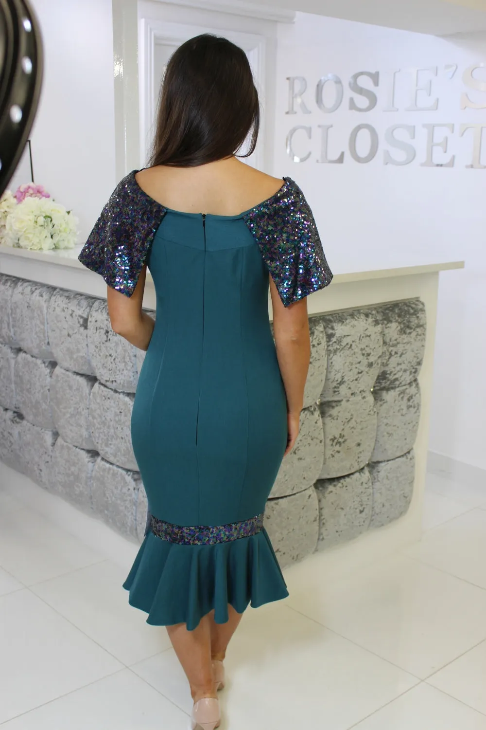 Teal Sequin Fishtail Midi Dress