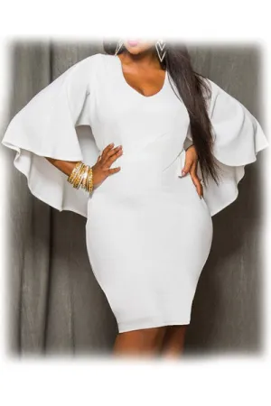 White Textured Knit Flattering Cape Dress