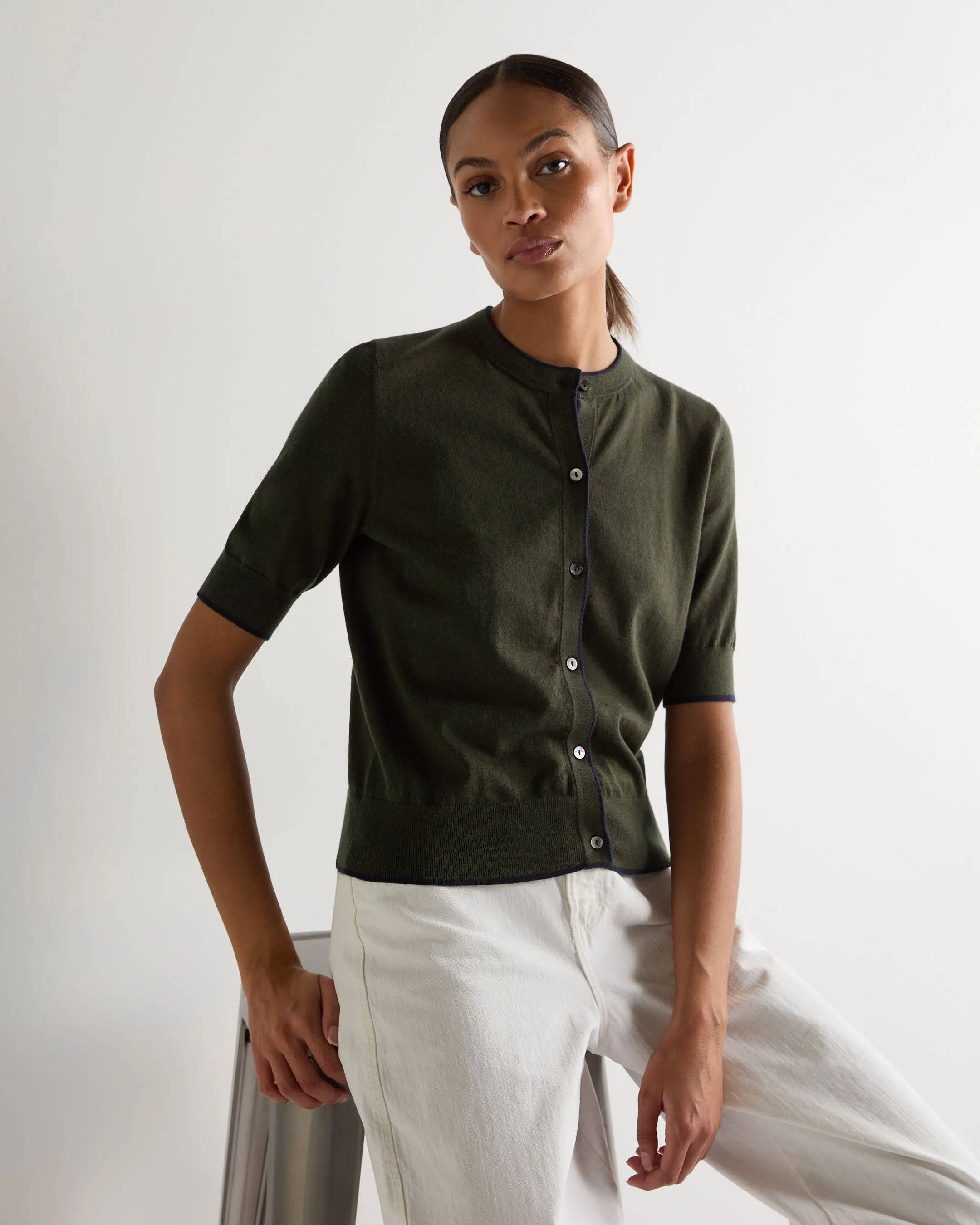 Women's Cotton Cashmere Short Sleeve Cardigan Arabica Khaki Green