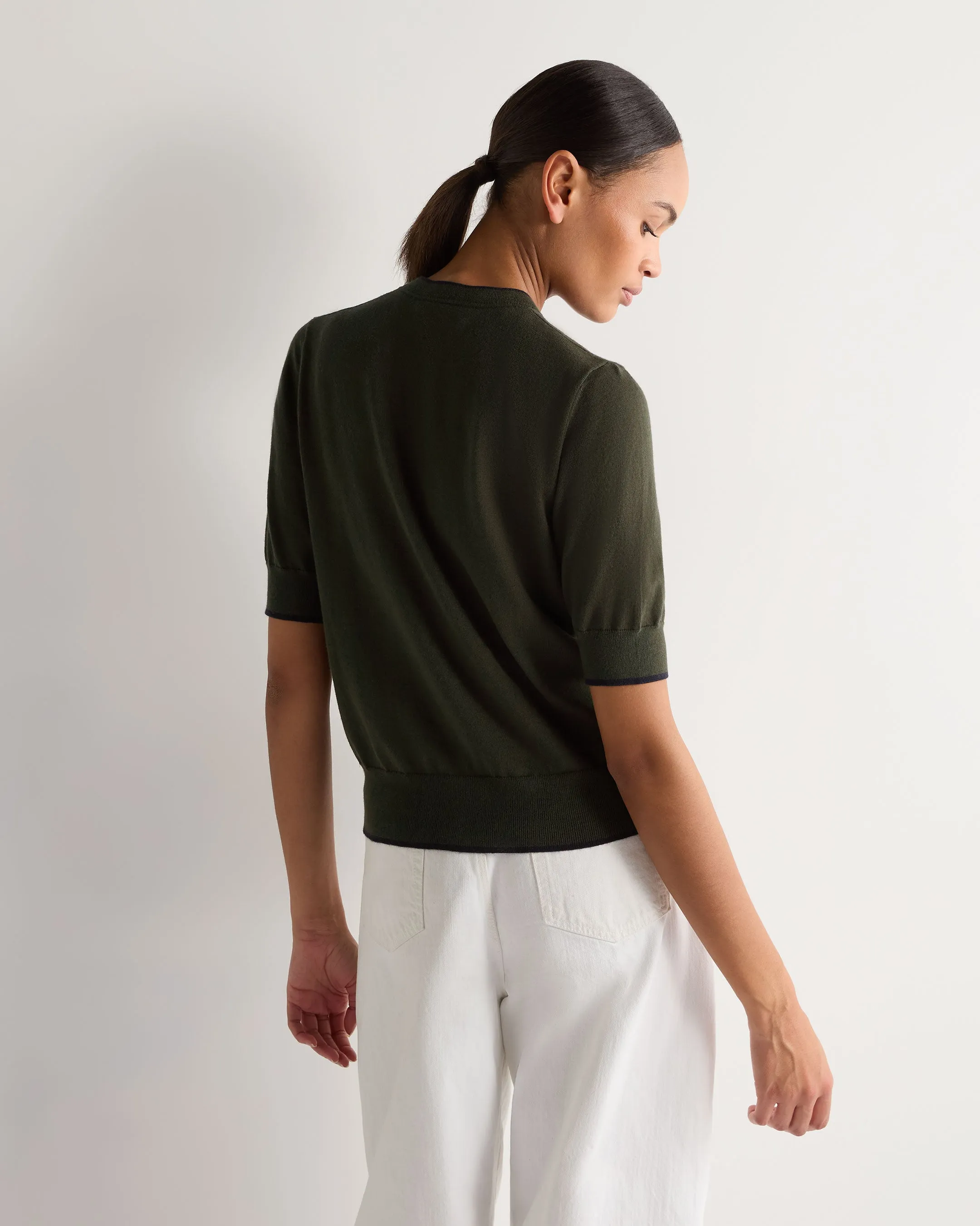 Women's Cotton Cashmere Short Sleeve Cardigan Arabica Khaki Green