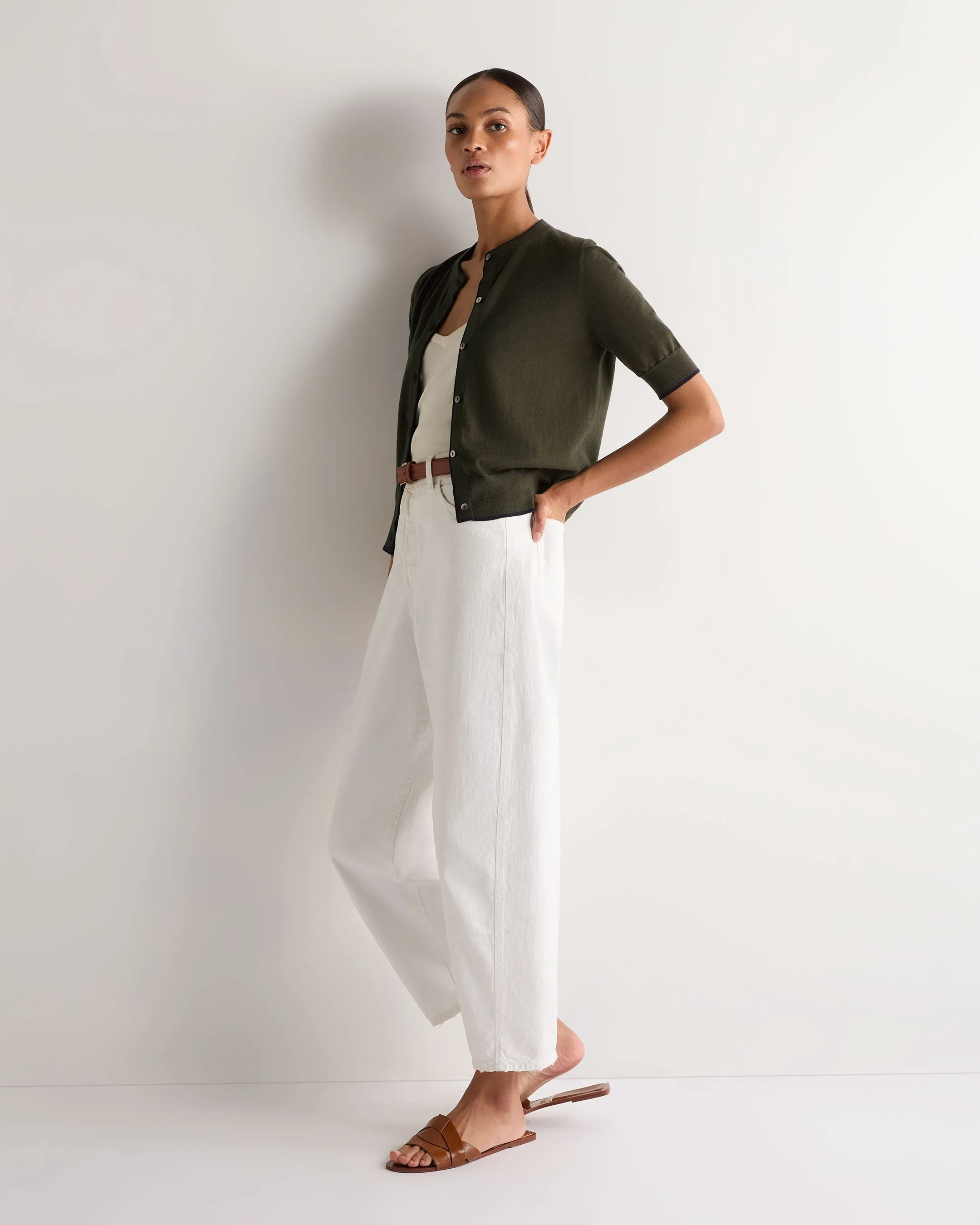 Women's Cotton Cashmere Short Sleeve Cardigan Arabica Khaki Green