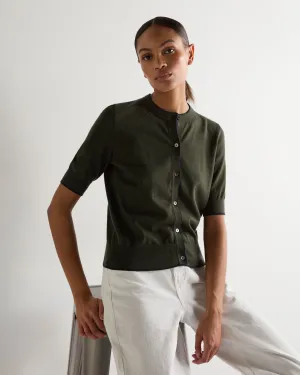 Women's Cotton Cashmere Short Sleeve Cardigan Arabica Khaki Green