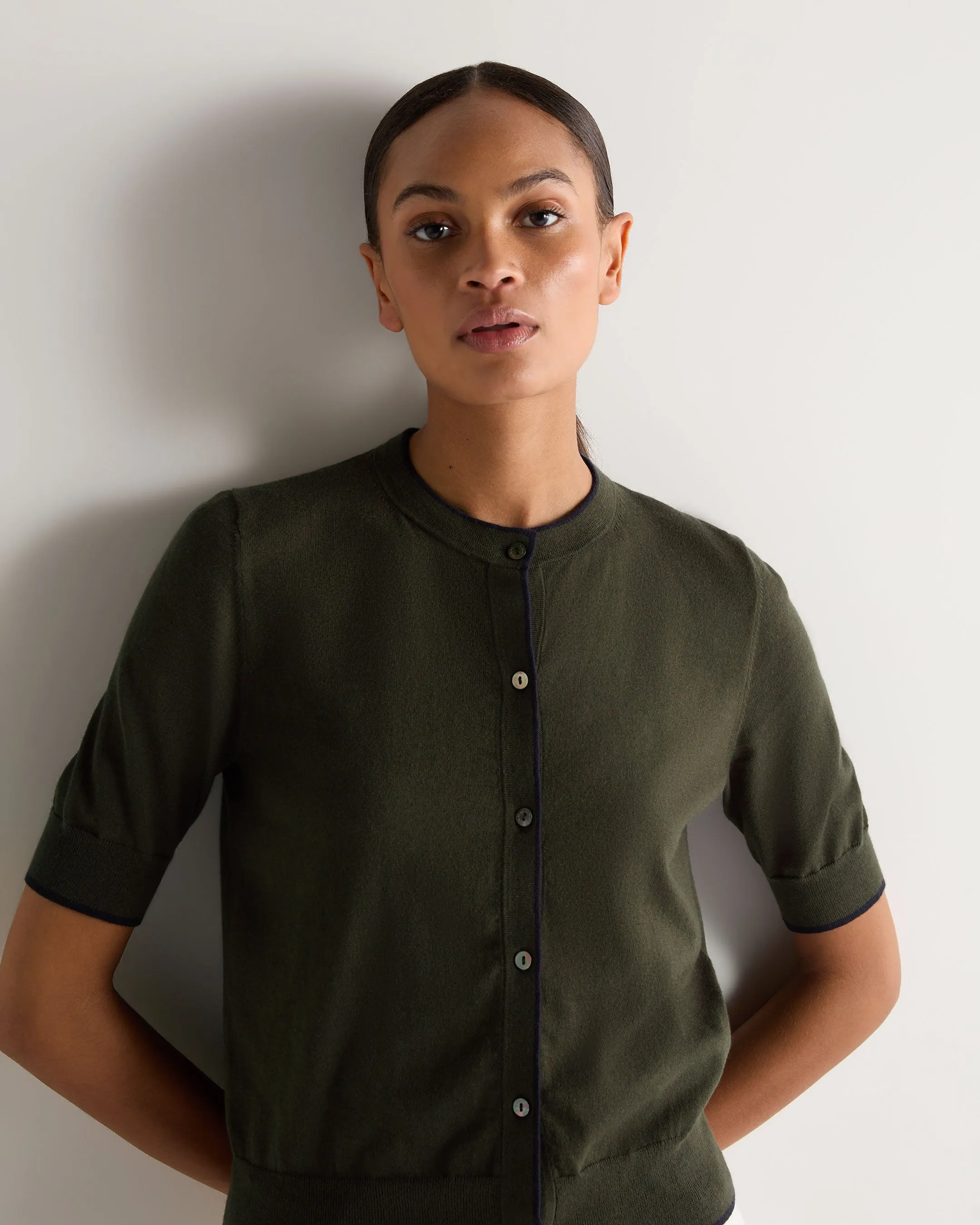 Women's Cotton Cashmere Short Sleeve Cardigan Arabica Khaki Green