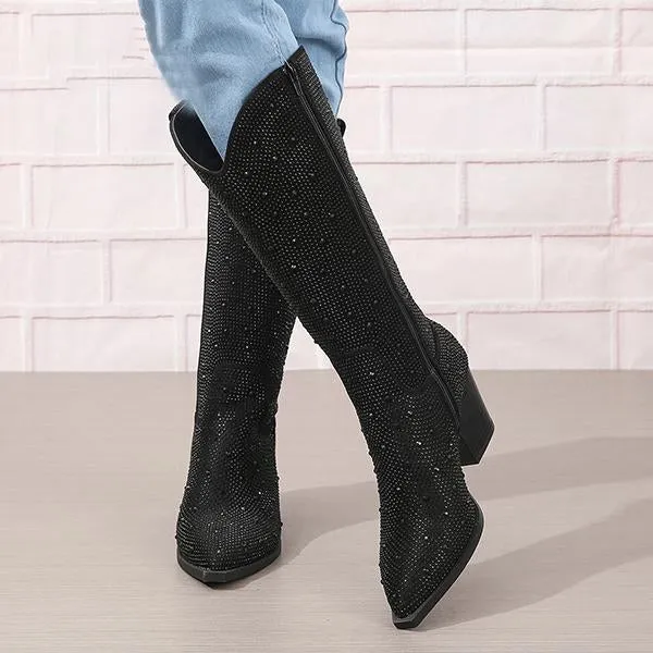 Women's Fashionable Rhinestone Block Heel Knee-High Boots 05189850S
