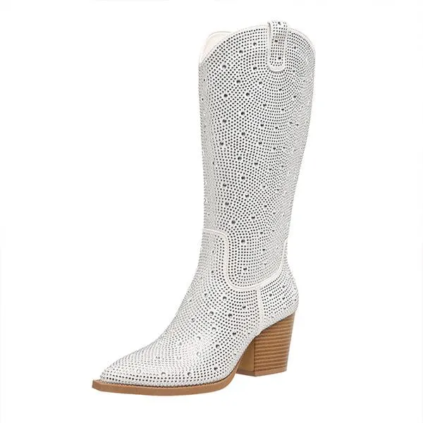 Women's Fashionable Rhinestone Block Heel Knee-High Boots 05189850S