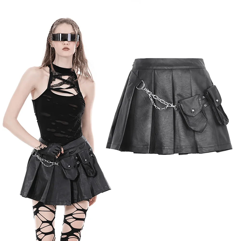 Women's Gothic Punk Mini Skirt with Chain and Side Pockets