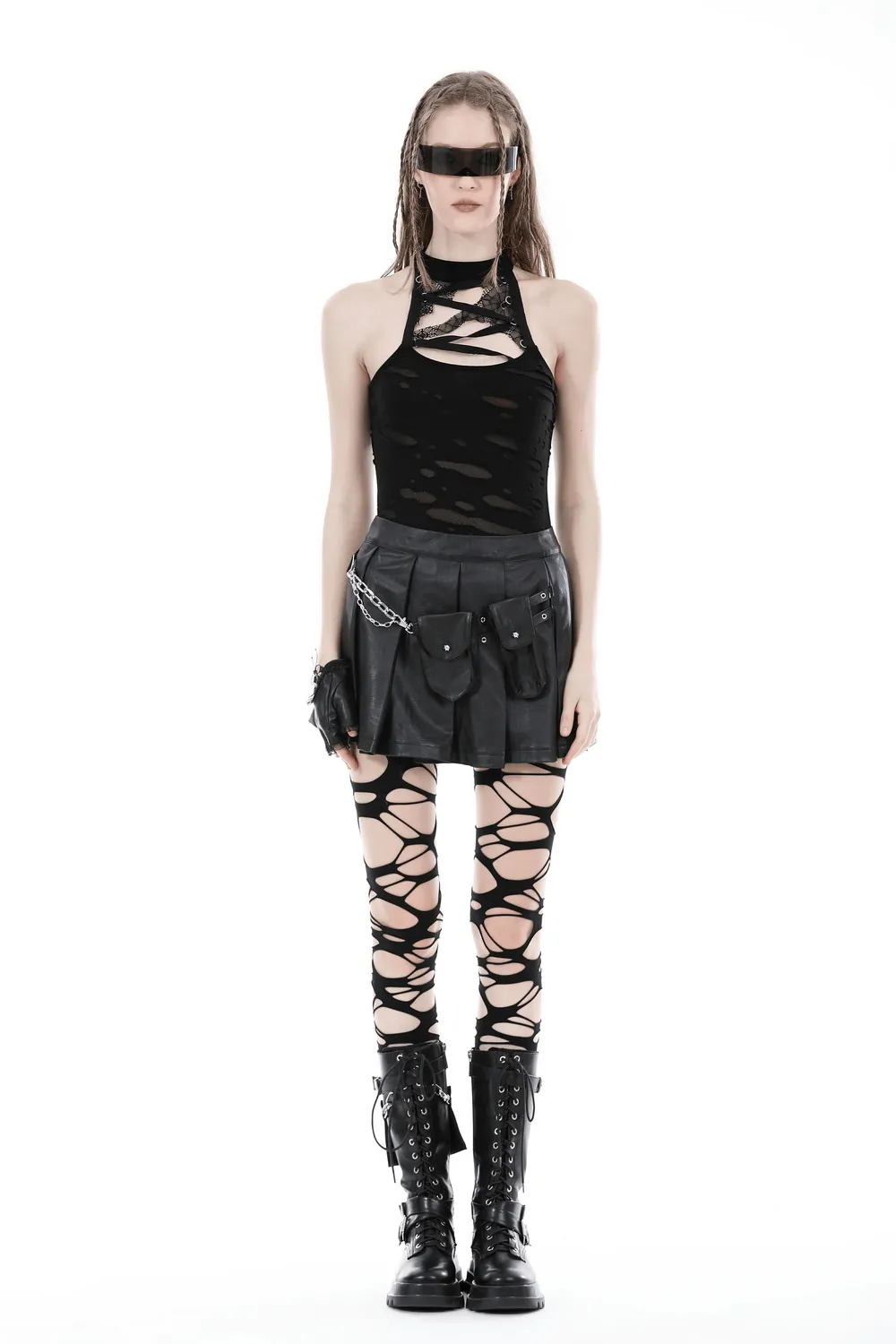 Women's Gothic Punk Mini Skirt with Chain and Side Pockets