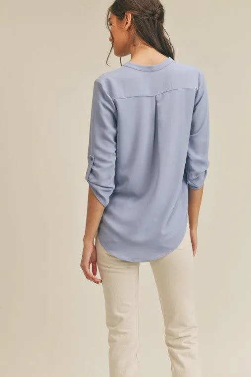 Womens Roll Sleeve V-Neck Top