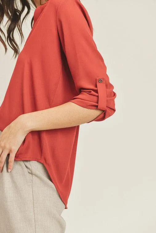 Womens Roll Sleeve V-Neck Top