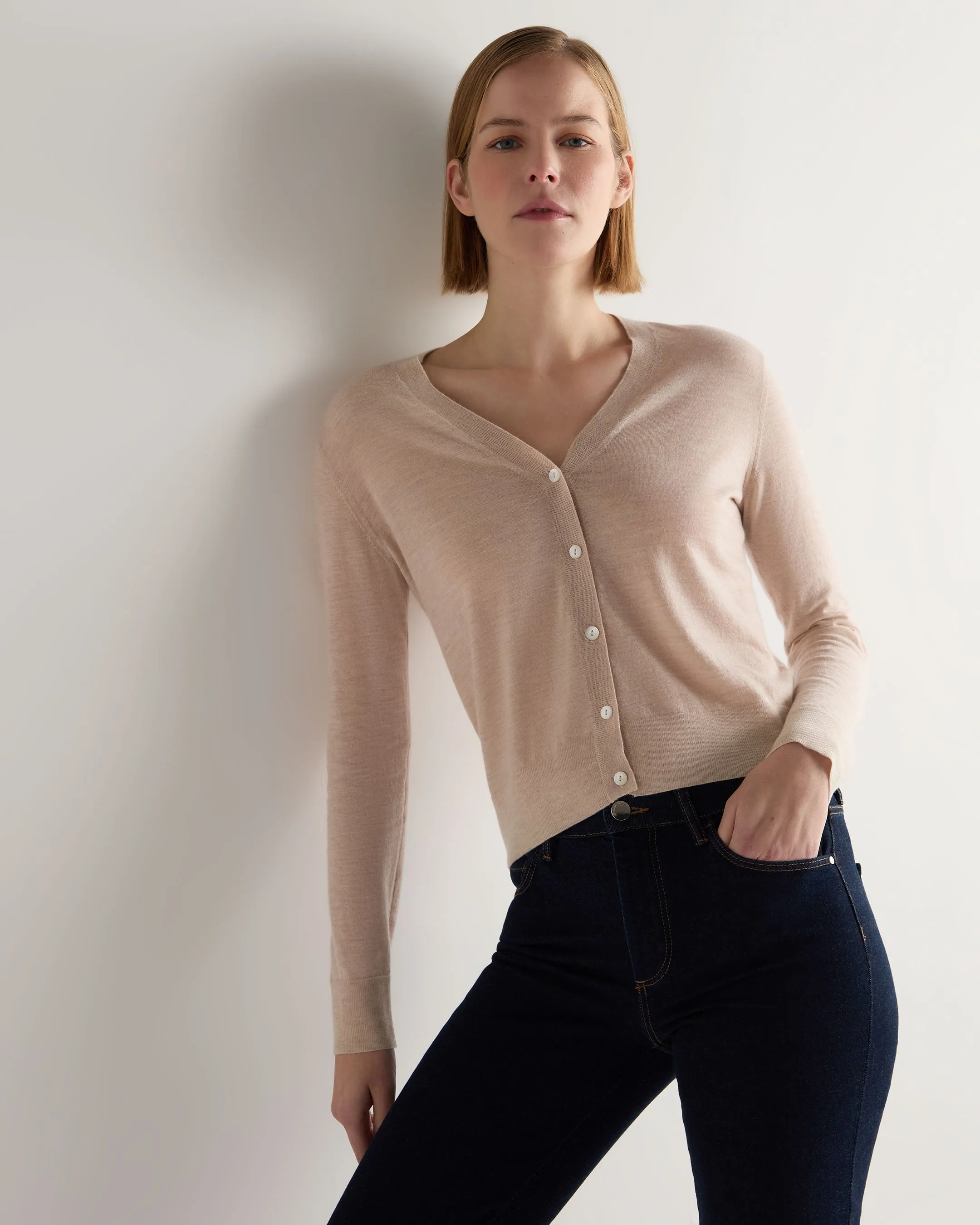 Women's Superfine Cashmere V Neck Cardigan Sandstone Brown